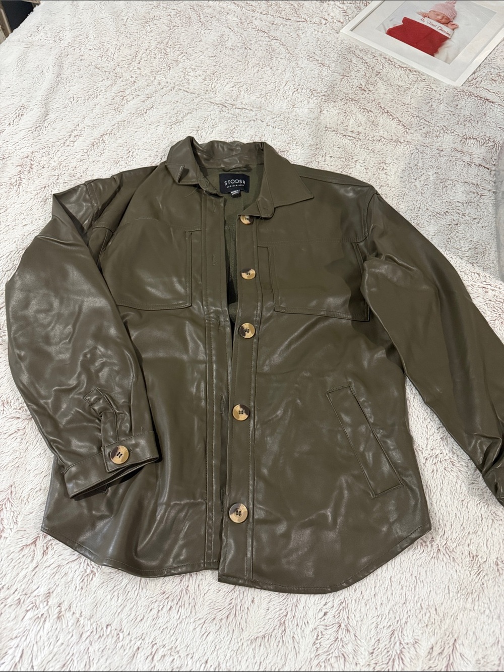 Stoosh Olive Green Faux Leather Button-Front Shirt Jacket